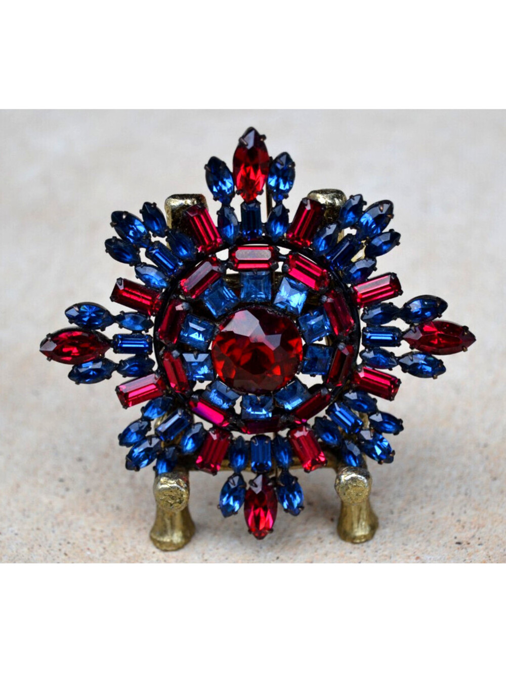 Vintage Schreiner Maltese Cross Brooch Red Blue Rhinestones Book Piece